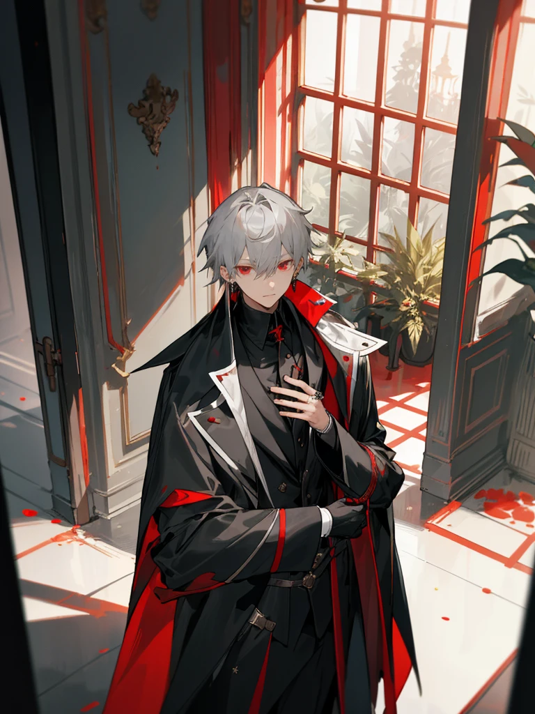 (masterpiece, best quality), gray hair, plant, looking at viewer, red eyes, black coat, long sleeves, indoors, holding, bangs, coat, solo focus, standing, 1boy, jewelry, earrings, hair between eyes, open clothes