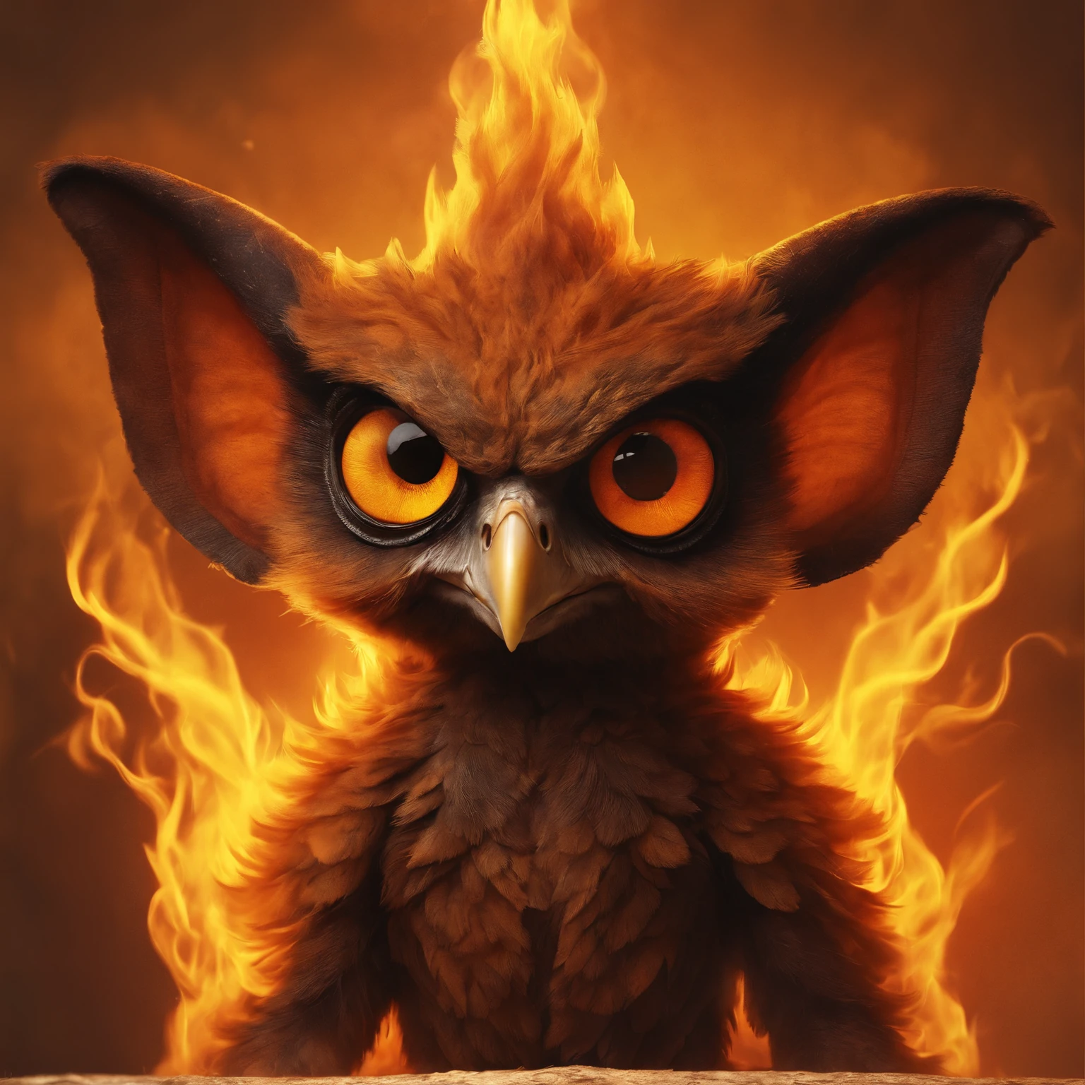 gremlin, owlish, Huge eyes, large ears, trunk-shaped nose, bright orange and brown, long tail, engulfed in yellow flames, flame clothing, Best Quality, Masterpiece, in style of dark fantasy art