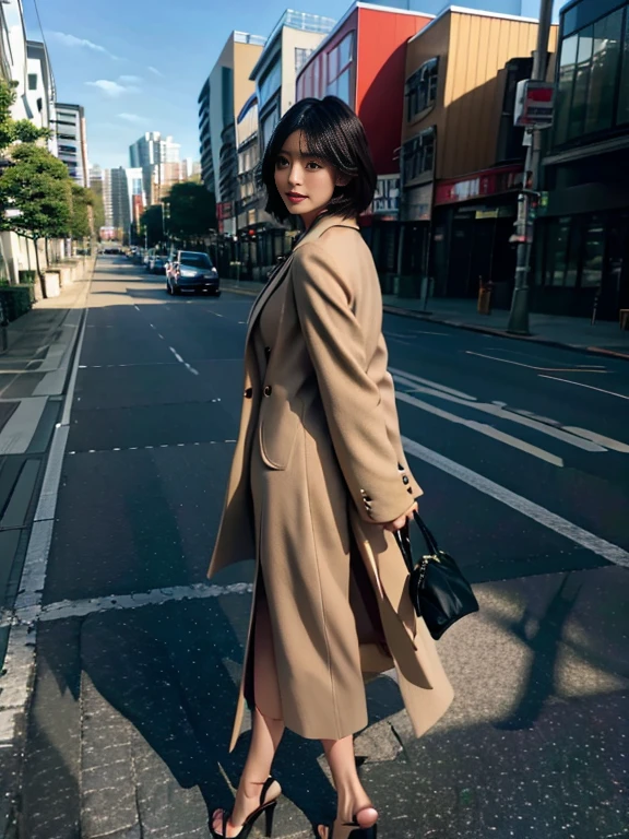 Wolfcut Women，Beautuful Women，Stroll through the business district、Portrait of a woman in a coat, top-quality、hyper HD, Japanese Models, Beautiful Japan Girl, With short hair,, 4 k ], 4K], high-heels，Walking briskly，turned around，in the evening sunshine，