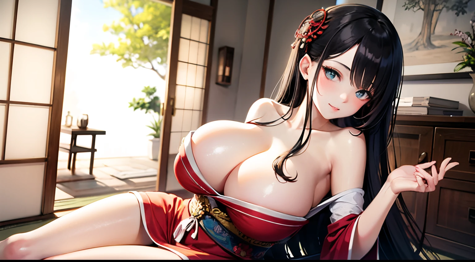 (huge breasts), bare shoulder, ((masterpiece)), ((best quality)), cute girl, long hair, japanese dress