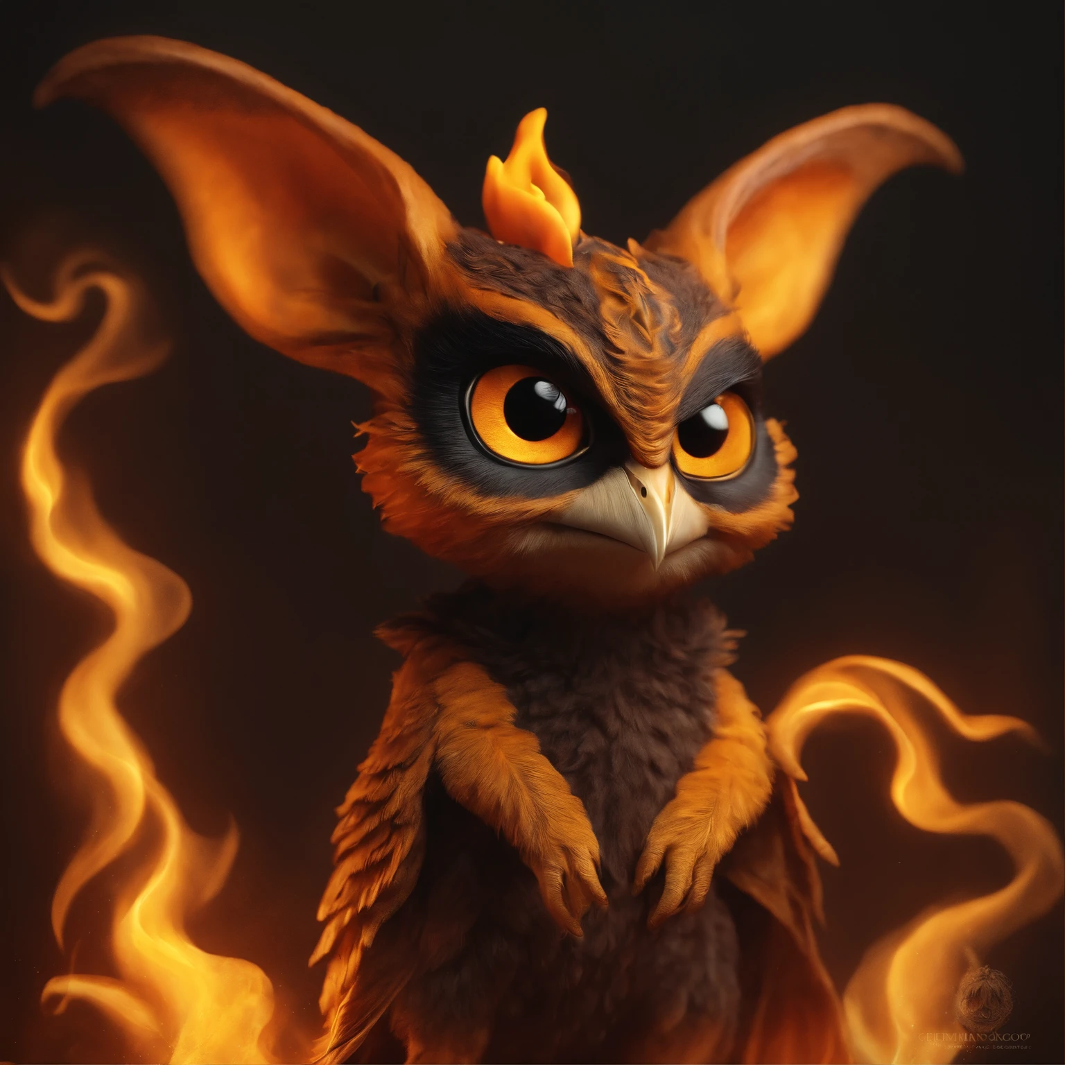 gremlin, owlish, Huge eyes, large ears, trunk-shaped nose, bright orange and brown, long tail, engulfed in yellow flames, flame clothing, Best Quality, Masterpiece, in style of dark fantasy art