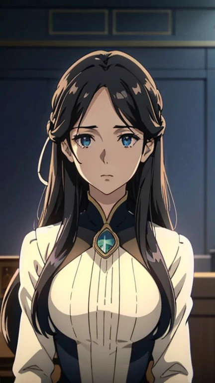 Violet Evergarden anime, One girl with black hair, hair lenght until bust, straight hair, hair parted in center of head, round face. hairstyle with a center part, that the hair should be parted down the middle, creating a symmetrical look without any frontal hair covering the forehead. Pretty dress.