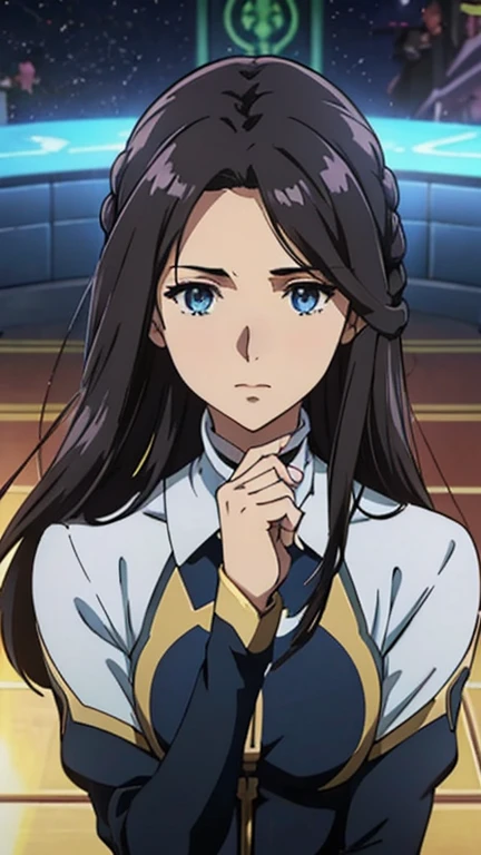 Violet Evergarden anime, One girl with black hair, hair lenght until bust, straight hair, hair parted in center of head, round face. hairstyle with a center part, that the hair should be parted down the middle, creating a symmetrical look without any frontal hair covering the forehead. Pretty dress.