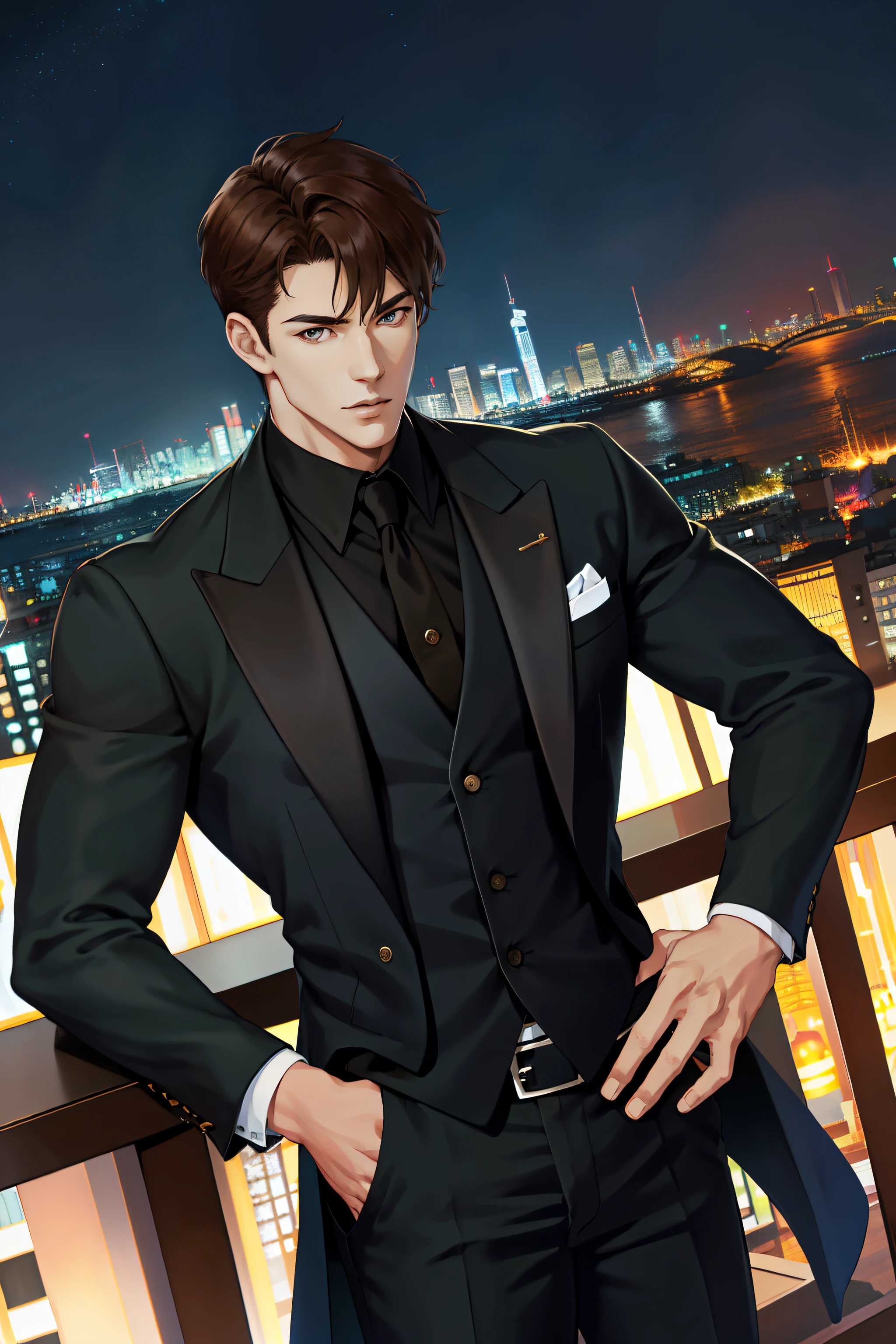 （hoang lap，A high resolution，ultra - detailed，realistically，），1男性，独奏，AS-Adult，mature，Tall muscular man，Wide shoulders，Handsome，Very short hair，black hair color hair，with brown eye，The chin is angular，Thick neck，thick eyebrow，natta, dark colour, Night view city background, Formal attire, tics, upper part of body，rich man，Rich cleavage