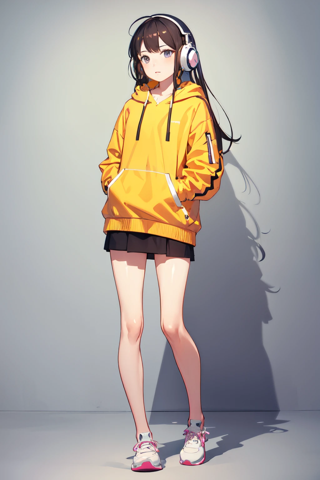 an animated girl with headphones on listening to lofi songs, full body