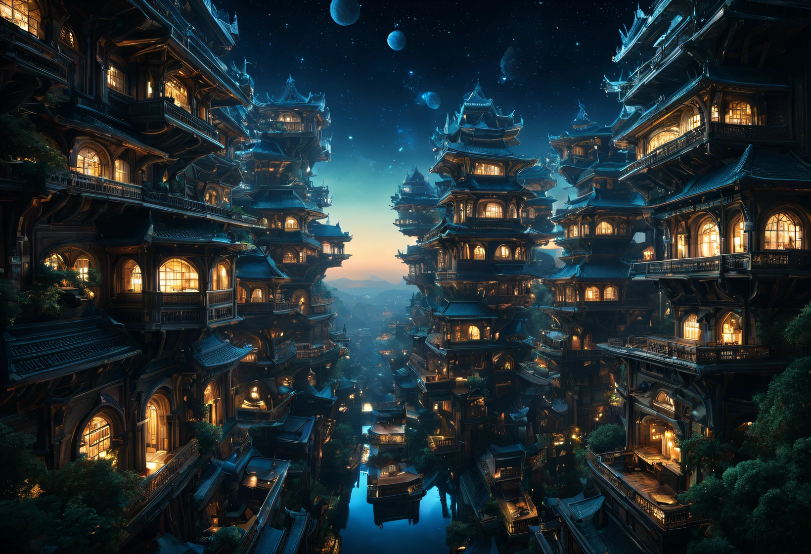 （Very unified cg scene design），Soft lighting，Shenguang lighting，
（Many neatly arranged giant square platinum houses suspended in outer space），（Nature and architecture are closely integrated），（Huge square houses hang neatly），（Every square house looks exactly the same.：0.8），Embodying the principle of fairness in a utopian world，Complex structure，gear wheel，Titanium Alloy，Sophisticated construction，like a dream, sci-fy, （Nature and architecture are closely integrated），Ultra-complex structures，future people，sci-fy，Shoot from the bottom up，Background with：cosmic starry sky