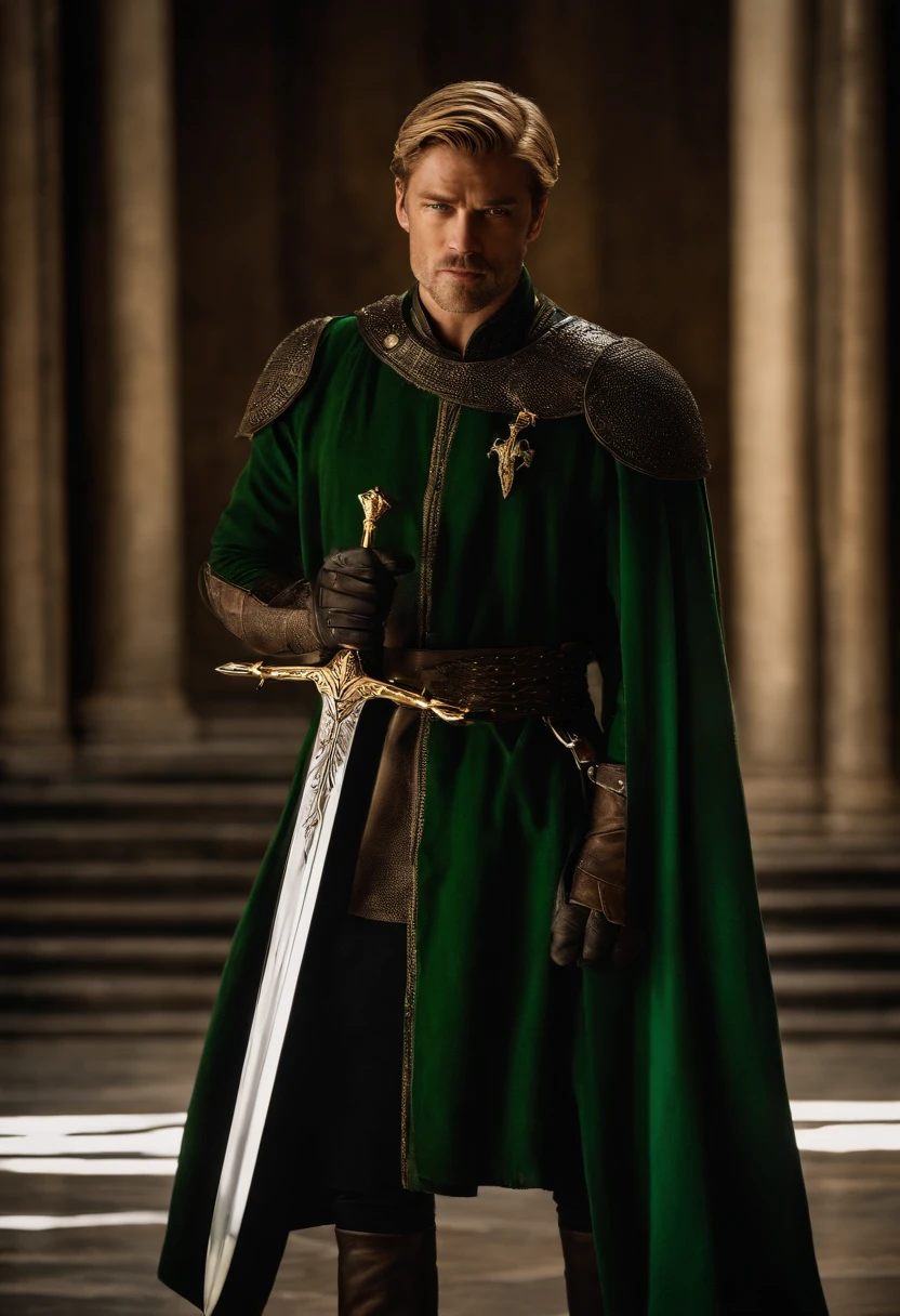 A photo of Jaime arrogantly posing with a freshly polished golden sword, admiring himself in the reflection of the blade.,Game of Thrones TV series,Jaime is handsome, blonde, with green eyes, and a golden hand, famously portrayed by Nikolaj Coster-Waldeau, male