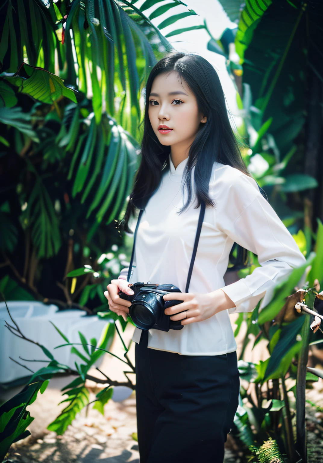 ((masterpiece), (best quality), (raw photo), (photorealistic:1.4), Highly realistic photo, Portrait of a women 25 year old Vietnamese, ((white shirt)), ((black hair)), The light from above shines down, dark blue background, photo taken in 1975 by Fujifilm XT3