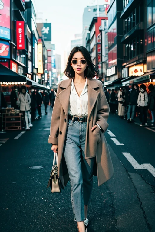 Beautiful city girl with elaborate makeup, Grey jacket，Stylish clothes, classy fashion sense, Long straight hair, Bring a stylish handbag, And wear trendy sunglasses, Walk around Tokyo with confidence [urbane, Modern, Vibrant]. Her perfect porcelain skin shone in the sun, highlight her perfect skin. The vibrant colors of the cityscape create a vivid backdrop, The market is vibrant, Neon light, and skyscrapers [Dynamic, Energetic]. The girl is surrounded by a group of fashionable girls, Variety of styles, each one reflects a personality [Stylish, difference]. The overall scene exudes charm and sophistication.

The artwork is、Rendering combining digital painting and photography techniques [Mixed Media, Contemporary]. Show high level details, Girls have intricate patterns on their clothes, Highlight her fashion-forward style. Well-designed lighting，Creates a soft and dramatic effect, Enhance the overall atmosphere of the image [Soft lighting, Dramatic atmosphere]. The color palette is、Consists of bright and saturated colors, Gives your artwork a bold and attractive look [Vibrant, Colorful]. The composition of the artwork is carefully balanced, attract the audience&#39;Please pay attention to the stylish girl in the middle，Harnessing the energy of the surrounding city [Balanced composition].

(Best Quality, 4K, hight resolution), Ultra-detailed, realistic artwork, clear focus and vibrant colors, The perfect summary of the essence of urban fashion [masutepiece:1.2, Ultra-detailed, Realistic:1.37]. Image quality is top notch, Show all the intricate details of the girl&#39; makeup, her stylish suit, bustling cityscape. The overall feel of the artwork is exquisite，visually stunning.Wolfcut Women，Beautuful Women，Stroll through the business district、Portrait of a woman in a coat, top-quality、hyper HD、奈良美智, Japanese Models, Beautiful Japan Girl, With short hair, 27-year-old female model, 4 k ], 4K],