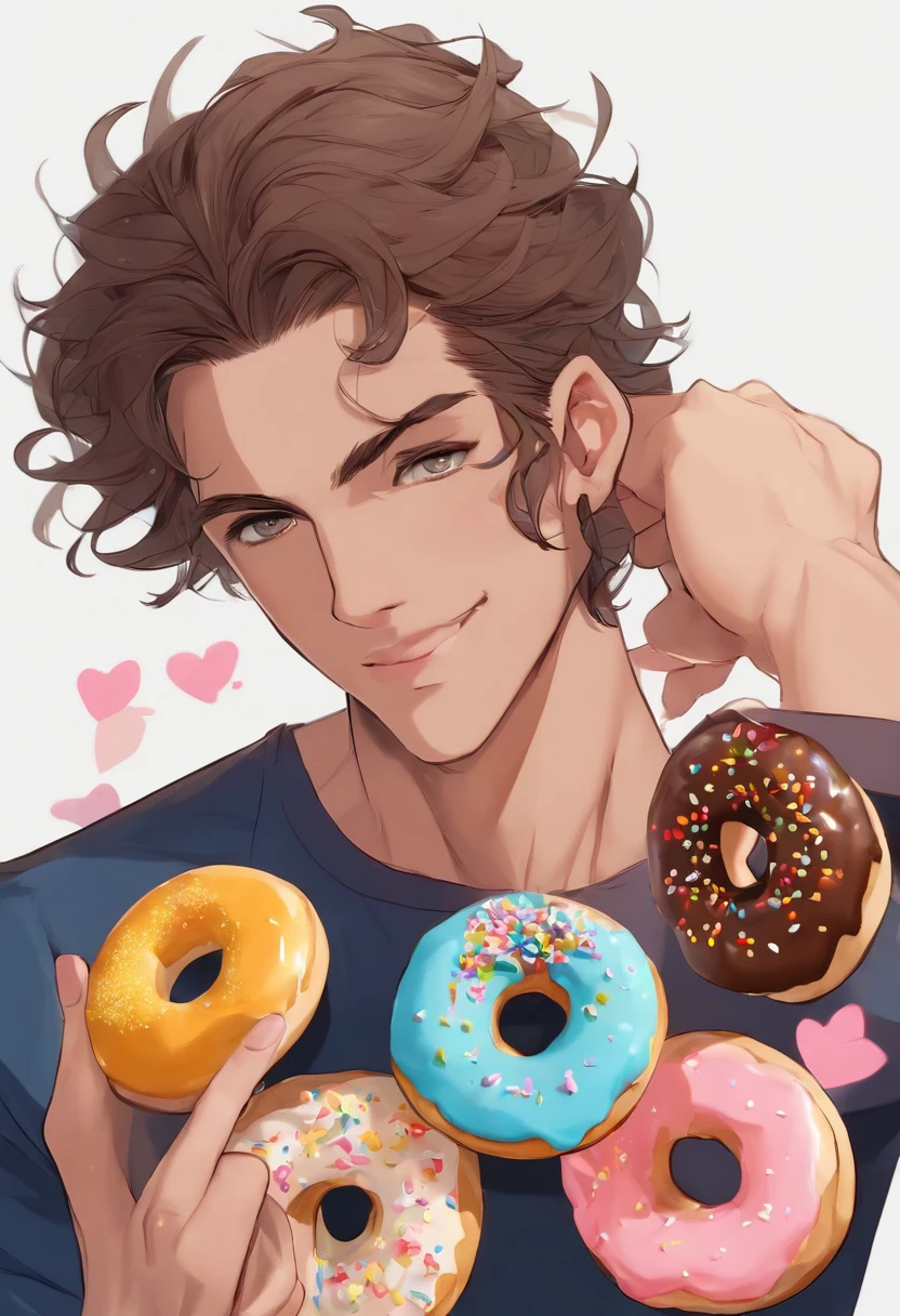 The image is a close-up of a colorful assortment of donuts, each uniquely decorated with vibrant icing and sprinkles.,original,((Character: William "Billy" Washington))
((Male + man))
((Hair: Shaggy + brown + messy))
((Facial features: big blue eyes + expressive eyes + long sharp nose + thin sculpted lips + sharp cheekbones + chiselled jaw + long face + high cheekbones + pointed chin + pale + stubble))
((Body: Tall + lean + well-built + strong + slender + long fingers + large hands + strong shoulders + protective))
, male
