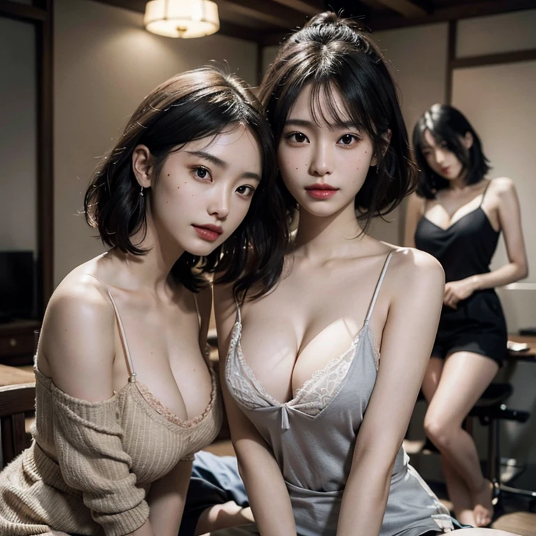 absurd res, RAW photogr, Extremely Delicately Beautiful, tmasterpiece, Best quality at best, 超高分辨率, 16k, Hyper-realistic, ultra - detailed, Very detailed CG 8k wallpaper, beautiful light up, Perfect lightning, realistic shaded, perfect anatomia, Ultra-delicate skin, perfect bodies, Japan Woman, in my 20s, Very slim figure, Willow waist, the head is small, handsome detailed woman, The eyes and face are very detailed, Real face proportions, Amazingly detailed eyes, realistic beautiful face, The face is small, Realistic little beautiful eyes, 二重まぶた, cosmetics, tear-mole, Mole on the chest, 耳Nipple Ring, Bare legged, The legs are beautiful and thin, Beautiful and thin thighs, (((very huge round breasts))), short detailed hair, curlies, perspiring, Full body photo, (((((3 Girls))))), (((camisole)))