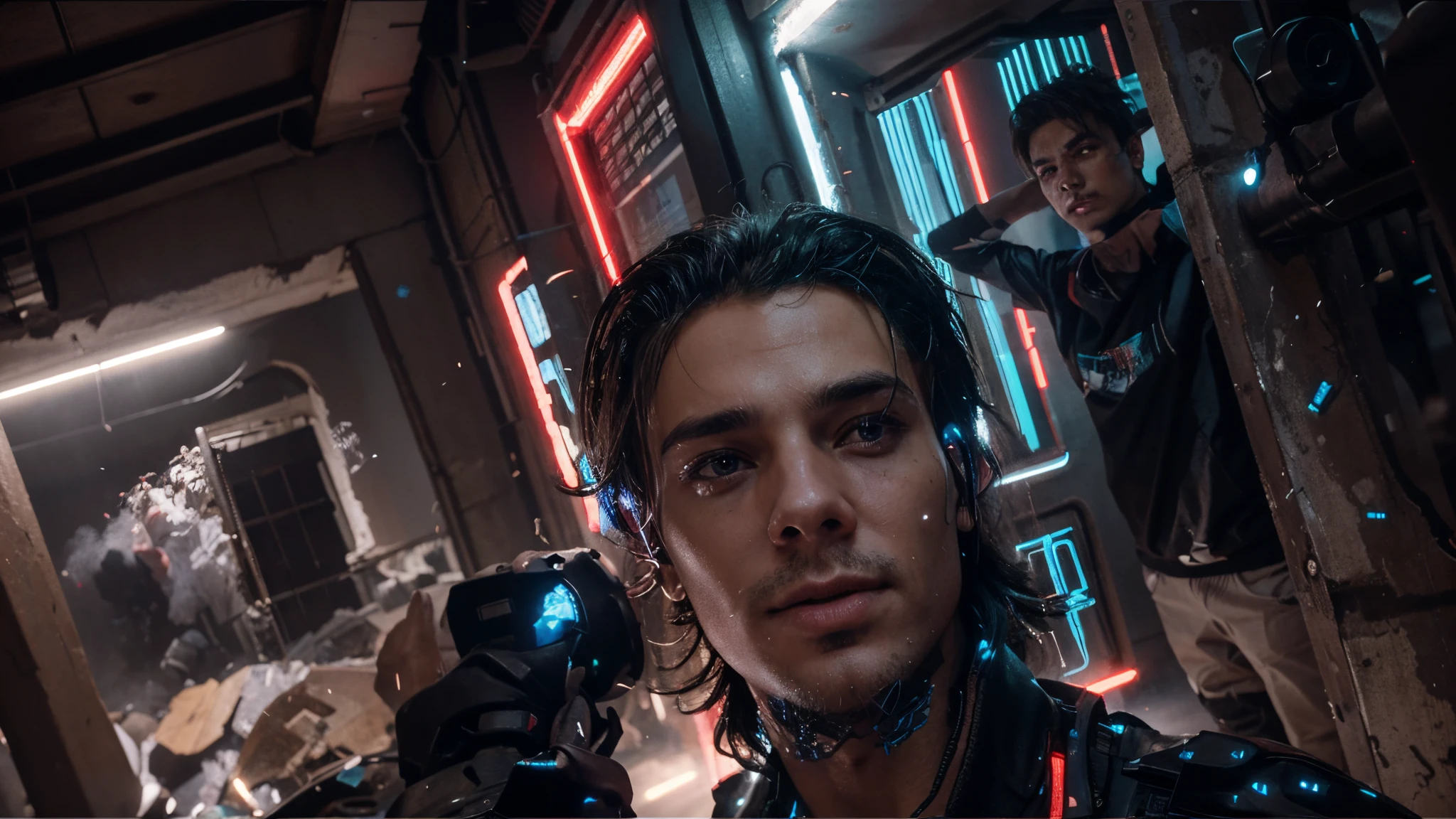 Change background cyberpunk handsome boys, realistic face same face, k, ultra realistic