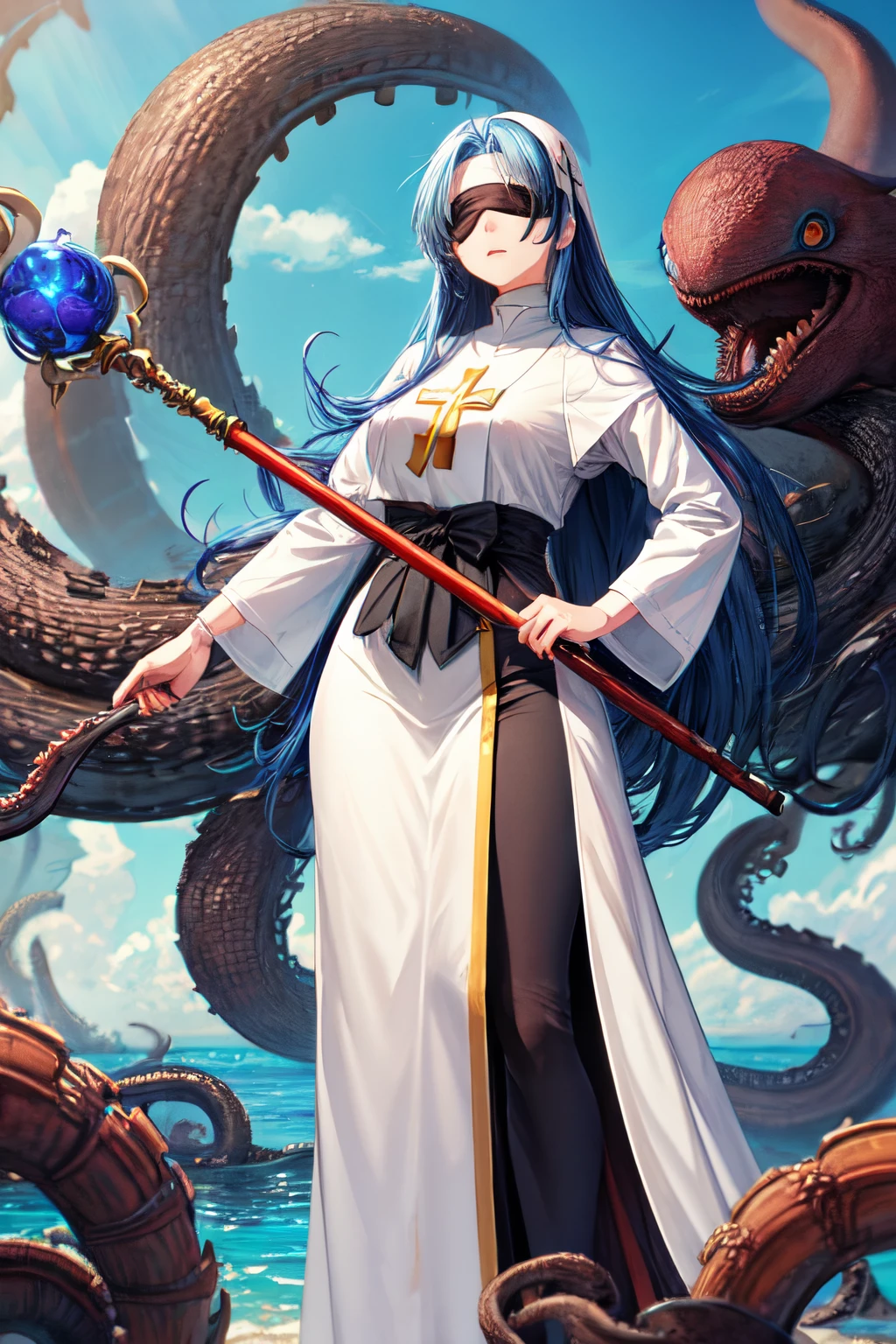 Mature anime woman with long blue hair, bandage and blindfold, dressed as a priest, holding a staff and standing on the head of a kraken