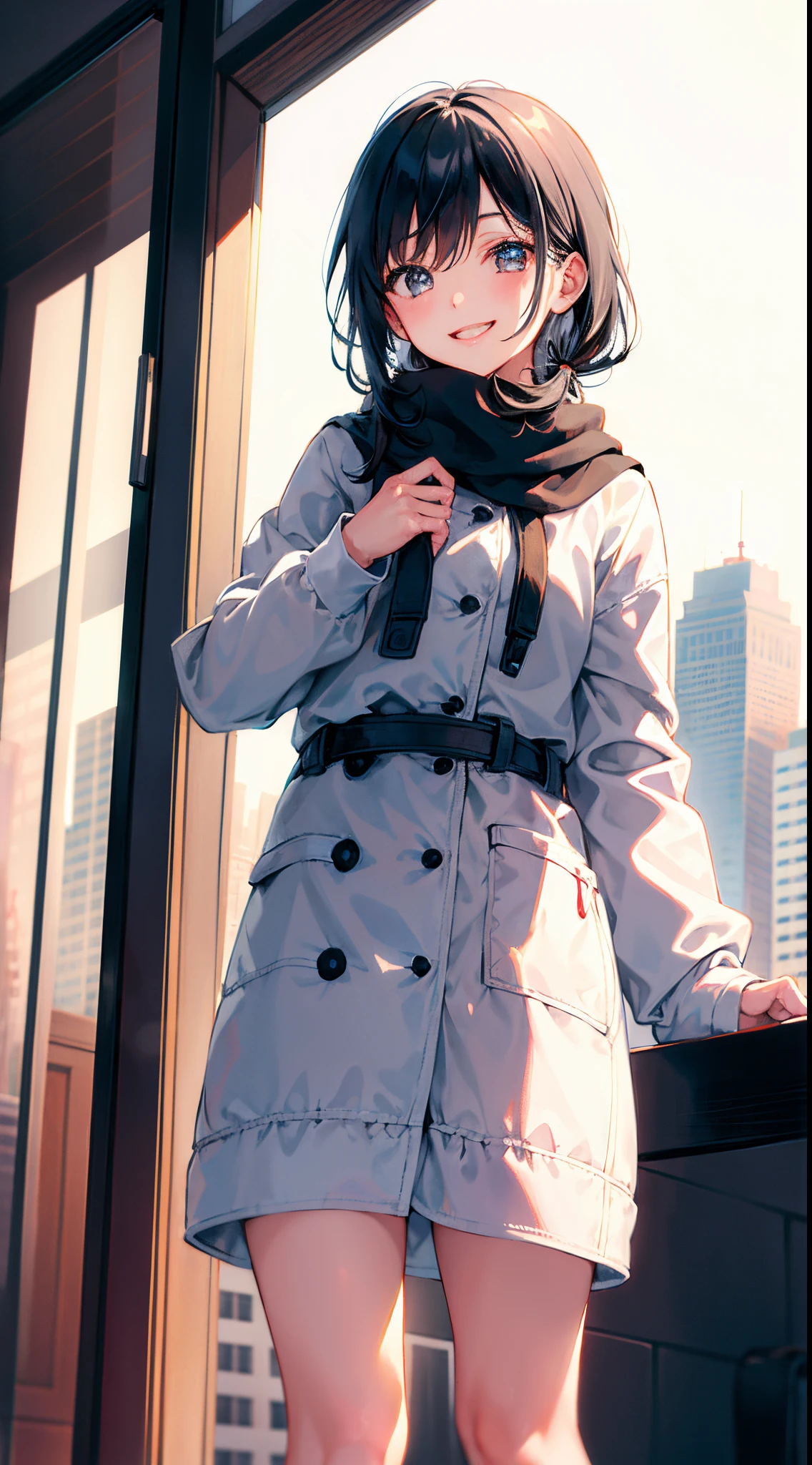 (morning), one girl, one, looking viewer, winter, cowboy shot, (downtown), cowboy shot, smile, black hair