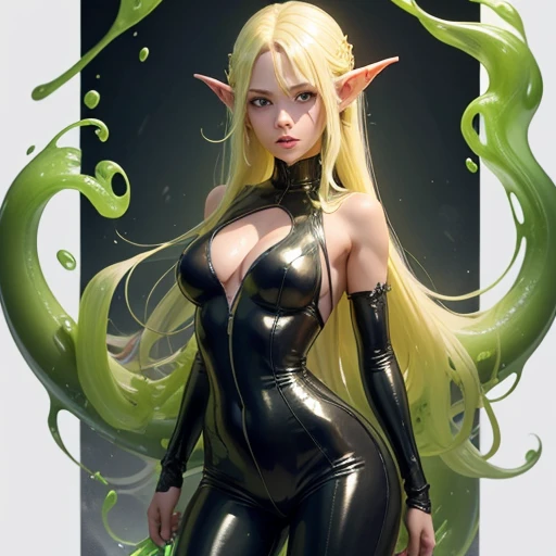 Half immersed in monstrous slime, body of an adult blonde elf with long hair, woman in leather jumpsuit, Full growth in the frame. Slime monster tentacles cover the body. higly detailed.