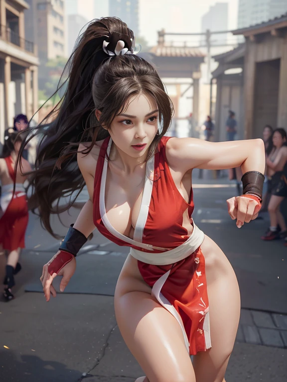 mai shiranui, (Full Body Shot:1.4), (daunting pose), (tabi:1.4), (Realism), (masutepiece:1.2), (Best Quality), (ultra-detailliert), (8K, 4K, Convoluted), (skinny), Prestige, Brown eyes, Long hair, Brown hair, White ribbon, Sleeveless, poneyTail, sash, pelvis curtain, arm guards, mitts, fascinated expression, Sexy eyes, medium breasts, Smile, Cute, view the viewer, Long hair, (Roundhouse kick:1.4), park, (breasts focus:1.2), (Realistic:1.2), light Particle, Lighting, (Highly detailed:1.2), (Detailed face:1.2), (gradients), Colorful, (Detailed eyes:1.2), (Detailed background), Wide Shot, Daylight, Solo.