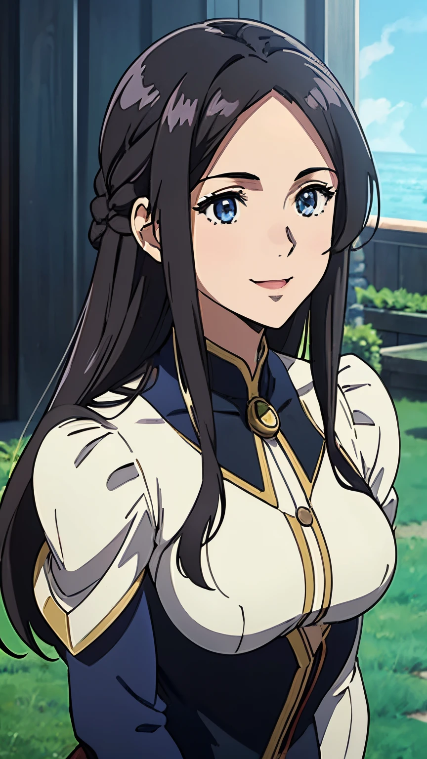 Violet Evergarden anime, One girl with black hair, hair lenght until bust, straight hair, hair parted in center of head, round face. hairstyle with a center part, that the hair should be parted down the middle, creating a symmetrical look without any frontal hair covering the forehead. Pretty dress. Smiling. Standing. Happy.