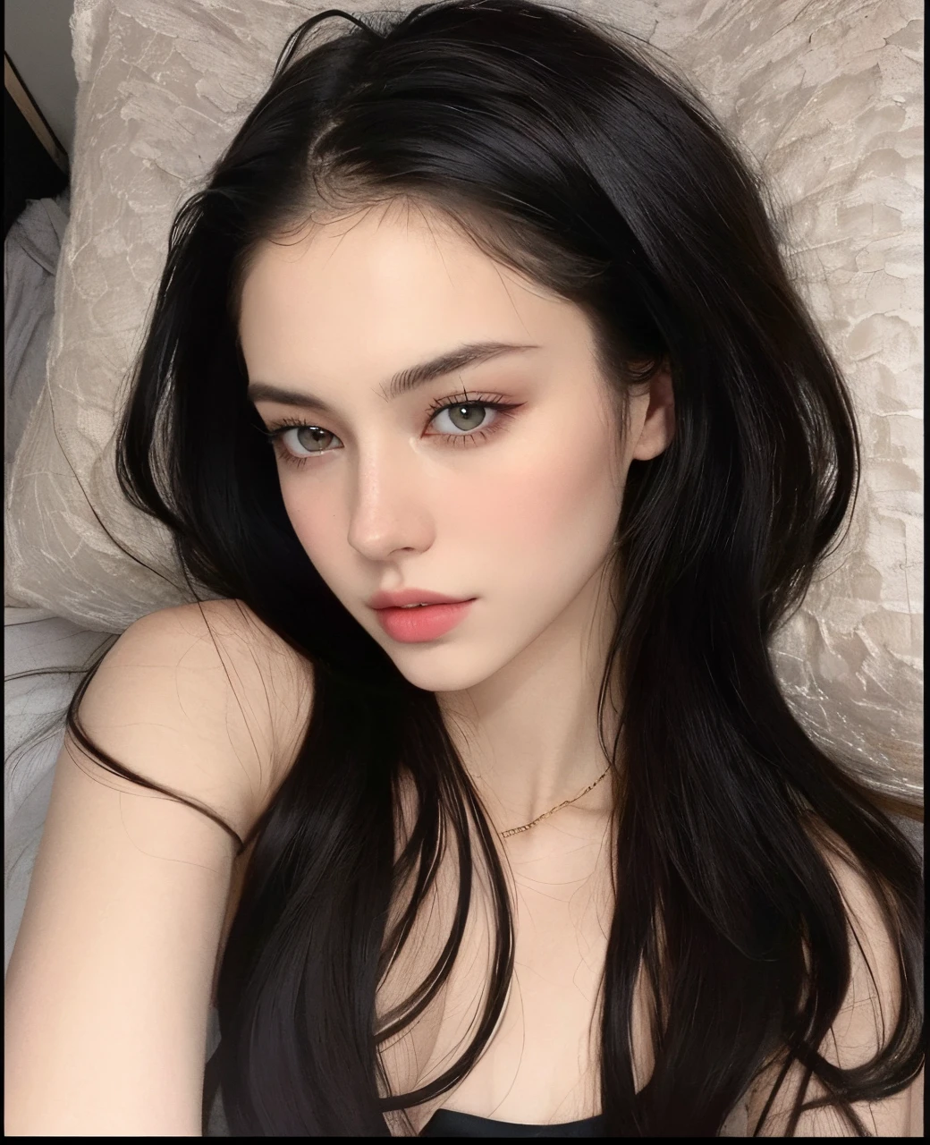 mujer arafed con el pelo largo y negro acostado en una cama, pale-skinned persian girl, maravilloso cabello oscuro, cabello negro y ojos grandes, cabello oscuro y maquillaje, Atractivo rostro hermoso, Hermosa modelo, Cara perfecta ), pale skin and dark eyes, Anastasia Ovchinnikova, natural soft pale skin, pale fair skin!!, chica atractiva, Anna Nikolanova aka Newmilky