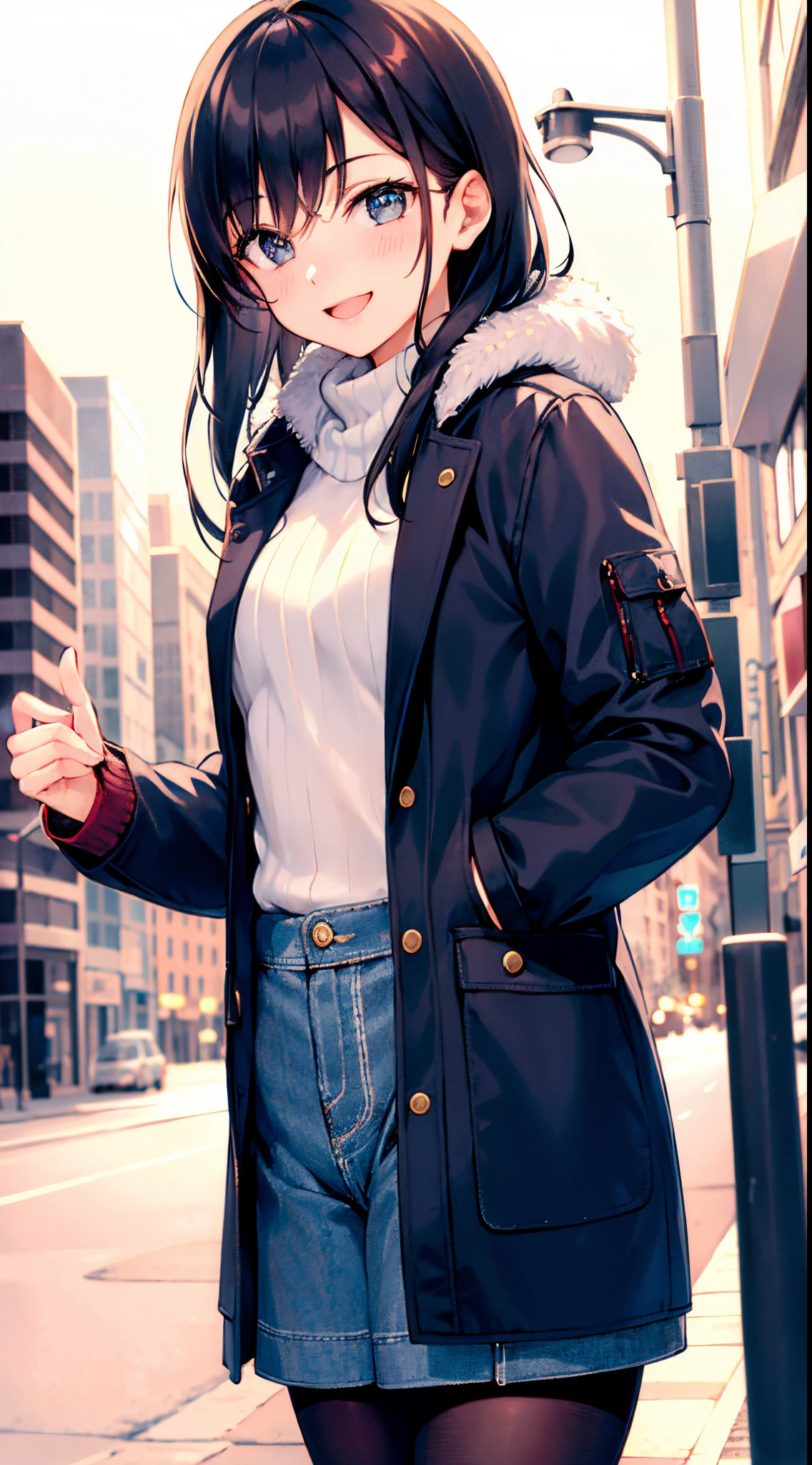 (morning), one girl, one, looking viewer, winter, cowboy shot, (downtown), cowboy shot, smile, black hair