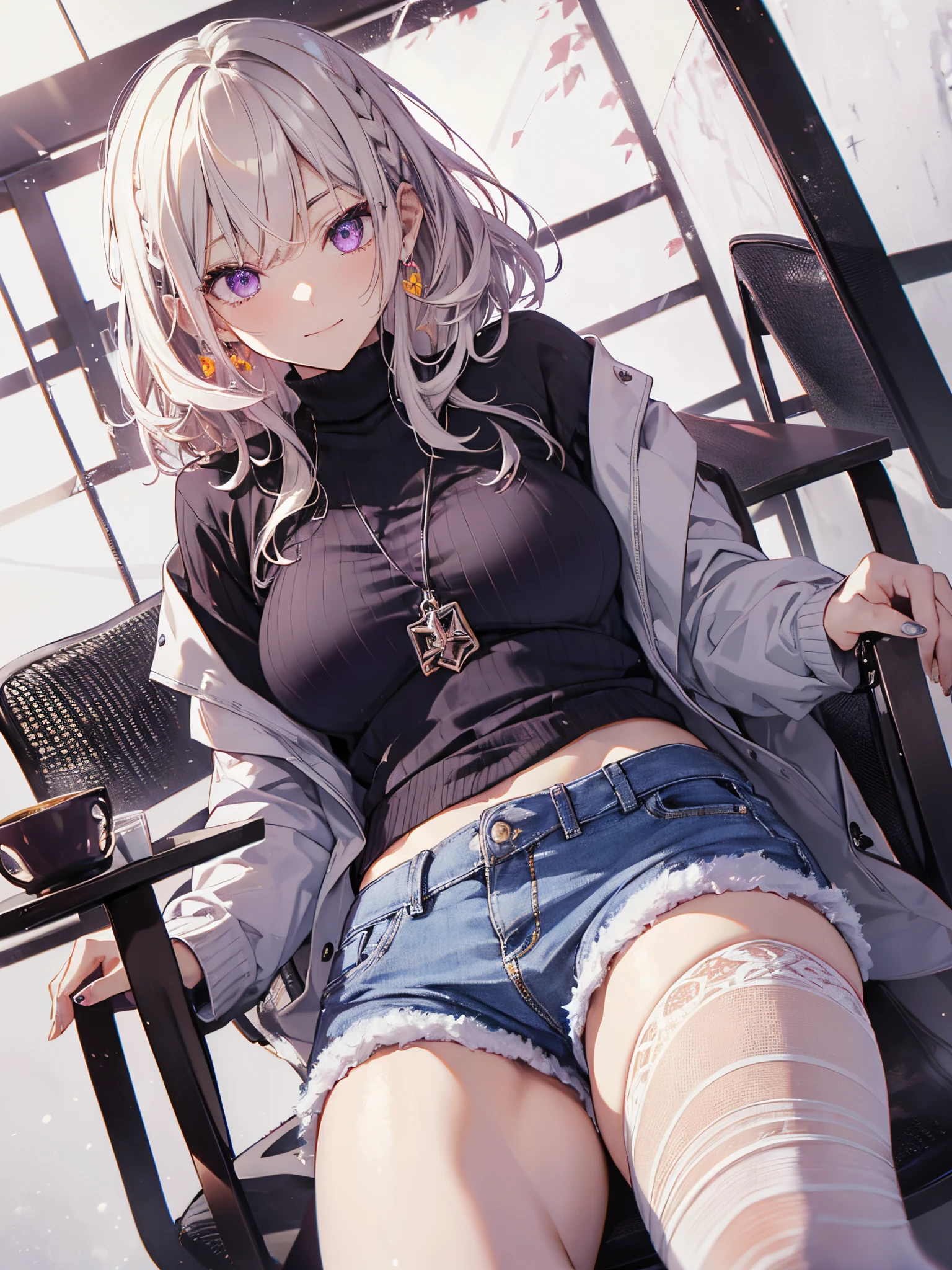 1 girl in, purple color hair、Purplish pink eyes that dreamers desire, (Blonde hair) , small stature, Colossal tits, Lori, (masutepiece:1.2, Best Quality), (finely detailed beautiful eye: 1.2), (beautifull detailed face), (Best Illumination, extremely delicate and beautiful), ((Cinematic Light)), Dramatic light, (Pale white background:1.5), Short bob hair(1:3)、Ultra Contrast、Braid a little around the ears, 鎖骨,、Perfect Finger、Stylish coffee shop、only has 5 fingers、You can see inside your underwear、full of sweat、mocking look、nffsw,Arms crossed、grab the arm、Shoot from below、The angle is as seen from below.、Best Quality、Large breasts、muscular and thick pussy、high-level image quality、hightquality、8K,perfect hand、only has 5 fingers、Darker overall、5 fingers、finger pin、Perfect Finger、T back、noise cut、bullet hand、Her hair color should have been a brighter purple.Short pants、tight black jeans、Dark purple panties、Pubic hair majority、god angle、Sitting on a chair、legs crossed、Cross your legs、Shot from under a chair、A smile、Shopping street with falling snow、midwinter knit jumper、 top-quality、hyper HD