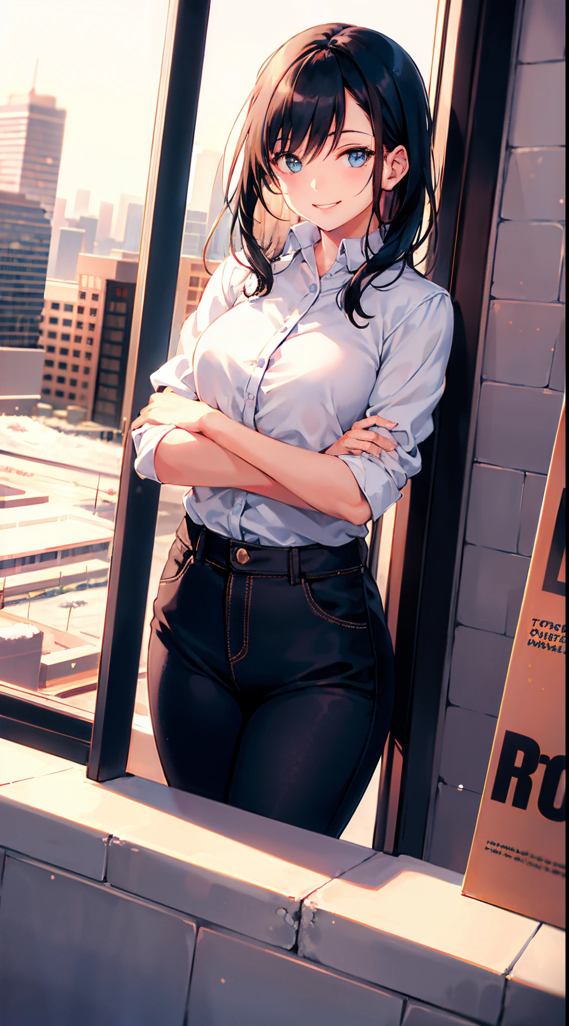 (morning), one girl, one, looking viewer, winter, cowboy shot, (downtown), cowboy shot, smile, black hair