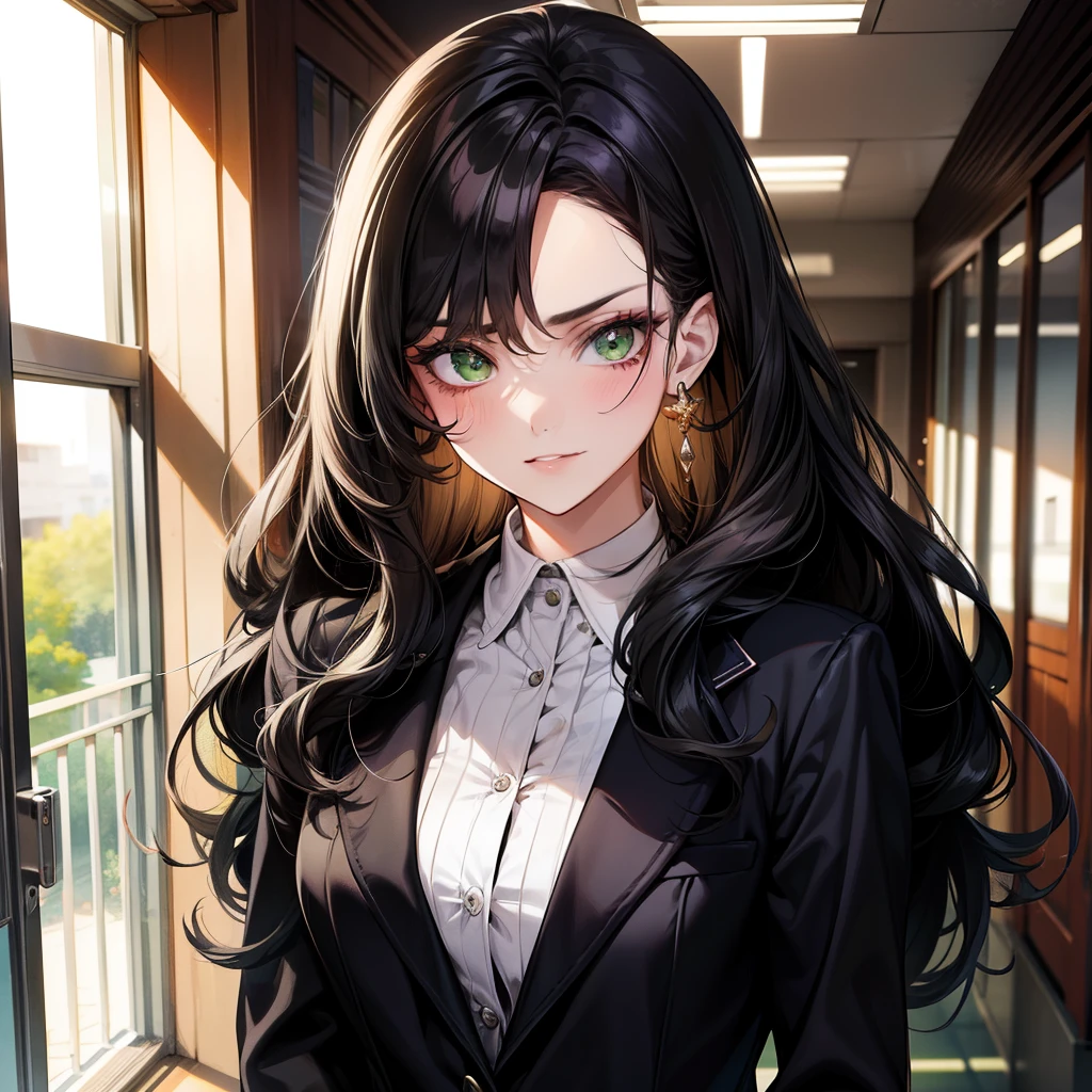 A pretty lady with hair wavy medium black hair and green eyes, giving a rich, toublemaker and bad girl vibe, looking at you with a smugly, school, modern era, upper body, school hallway