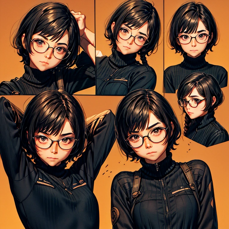 One woman, 9 facial expressions, 9 poses, Japan people in their 20s, symmetrical beauty, Small face, sharp outline, A dark-haired, Short Bob Hair, Curly hair, Hair has strong waves, With bangs, thick eyebrow, 二重まぶた, drooing eyes, Small nose, Thicker lips, (Rimless glasses, Small glasses, glasses for women), Wheat-toned skin.