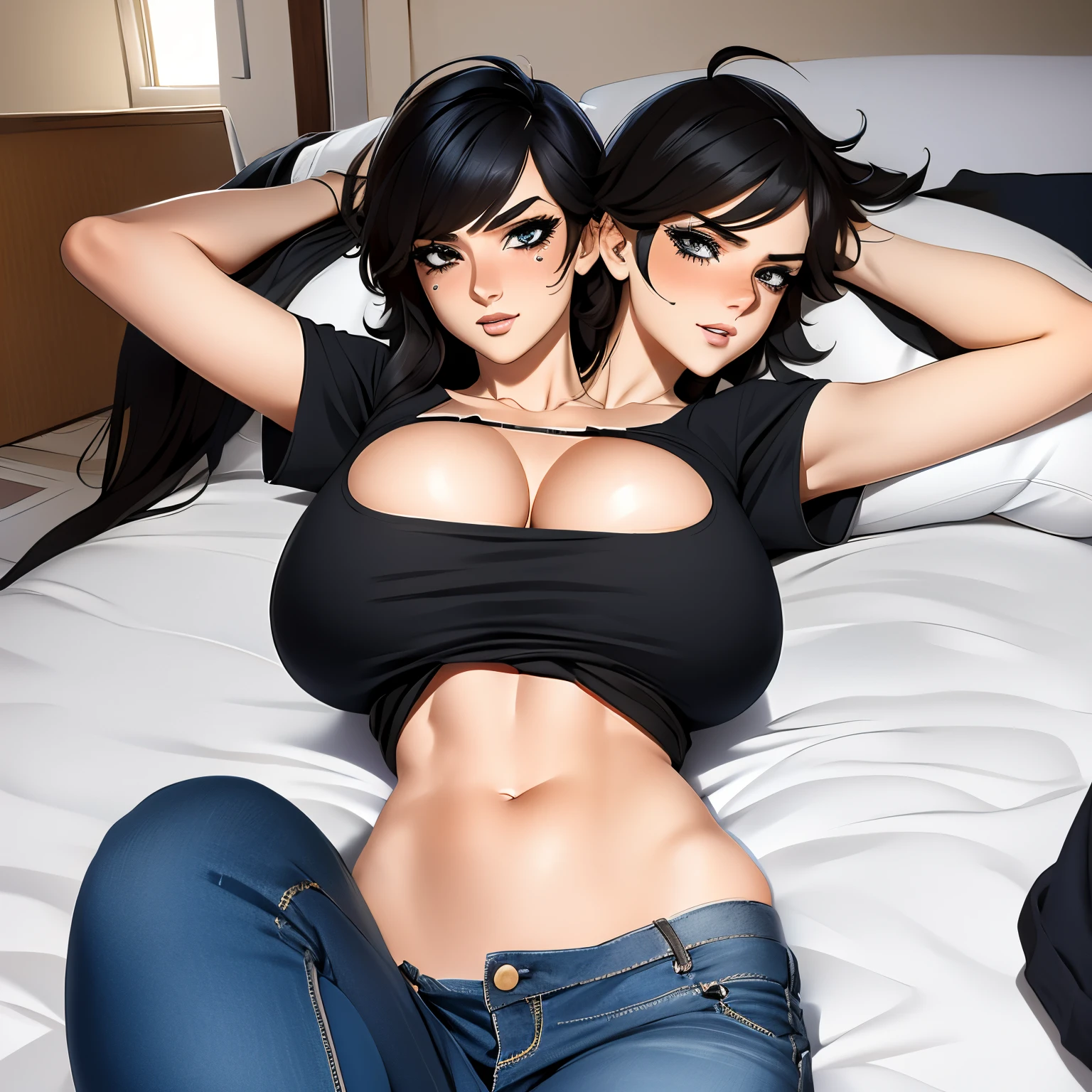 2heads, tall thin woman with 2 heads. Massive breasts. Teenager. In a bedroom. Laying down on back. Ripped T-shirt. Ripped jeans. Messy hair. Happy. Blushing. Spunky. Think eyeliner. Seductive. Huge fake round tits. Pulling shirt, touching breasts. Big erect nipples.