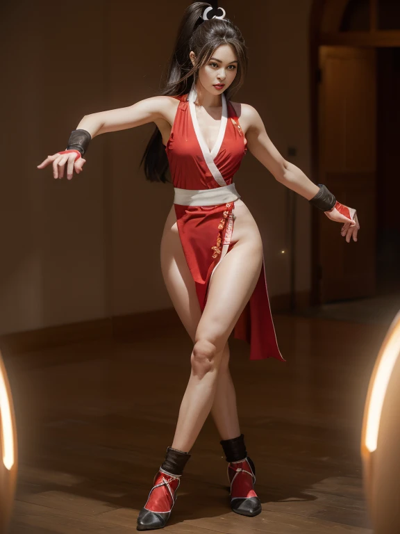 mai shiranui, (Full Body Shot:1.4), (daunting pose), (tabi:1.4), (Realism), (masutepiece:1.2), (Best Quality), (ultra-detailliert), (8K, 4K, Convoluted), (skinny), Prestige, Brown eyes, Long hair, Brown hair, White ribbon, Sleeveless, poneyTail, sash, pelvis curtain, arm guards, mitts, fascinated expression, Sexy eyes, medium breasts, Smile, Cute, view the viewer, Long hair, (Roundhouse kick:1.4), park, (breasts focus:1.2), (Realistic:1.2), light Particle, Lighting, (Highly detailed:1.2), (Detailed face:1.2), (gradients), Colorful, (Detailed eyes:1.2), (Detailed background), Wide Shot, Daylight, Solo.