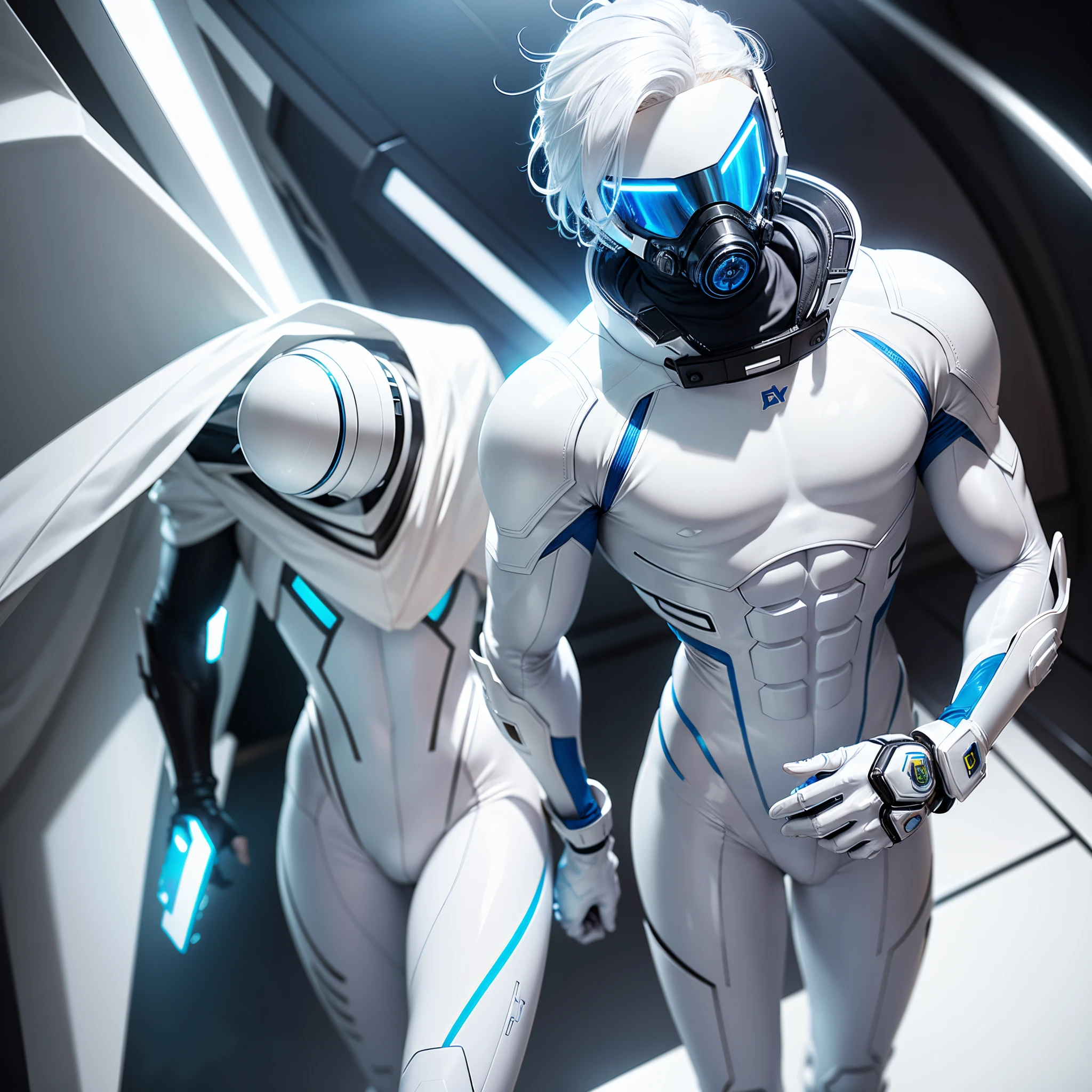 body suit, white and blue suit, futuristic suit, white gauntlets, white gloves, white hands skin tight bodysuit, toned male, teenager, young male, futuristic gas mask and vizor, bodysuit, futuristic, sci fi, toned male, hands seen, hair visible, white hair, full body seen, alone