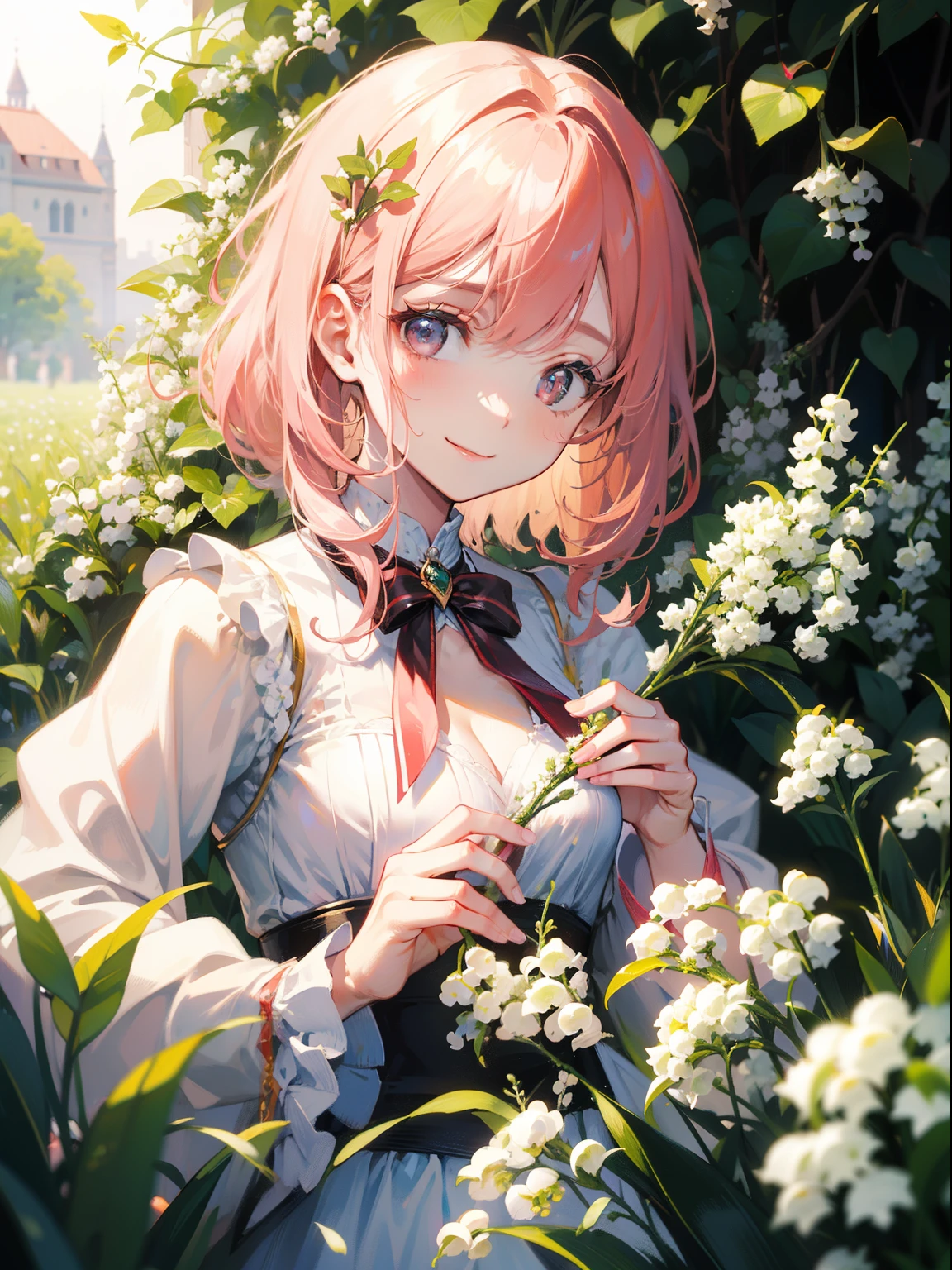 (masterpiece), best quality, ultra high res, sharp focus, a beautiful woman in flower pink lily of the valley garden, looks at the viewer, smiles