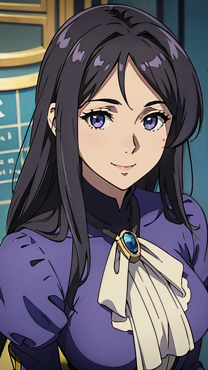 Violet Evergarden anime, One girl with black hair, hair lenght until bust, straight hair, hair parted in center of head, round face. hairstyle with a center part, that the hair should be parted down the middle, creating a symmetrical look without any frontal hair covering the forehead. Pretty dress. Smiling. Standing. Happy. Letters, smile, purple dress.