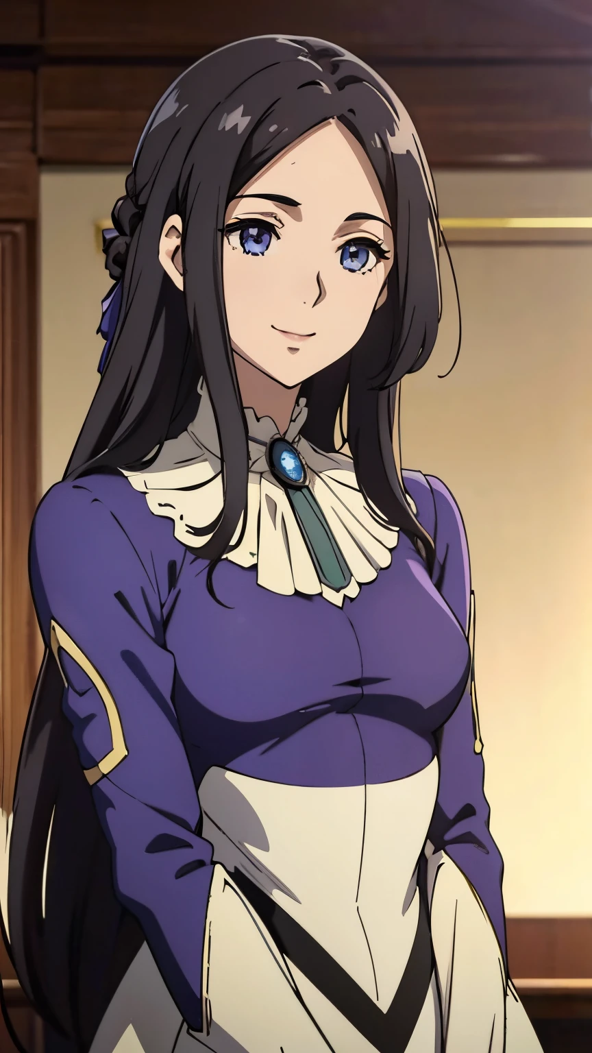 Violet Evergarden anime, One girl with black hair, hair lenght until bust, straight hair, hair parted in center of head, round face. hairstyle with a center part, that the hair should be parted down the middle, creating a symmetrical look without any frontal hair covering the forehead. Pretty dress. Smiling. Standing. Happy. Letters, smile, purple dress.