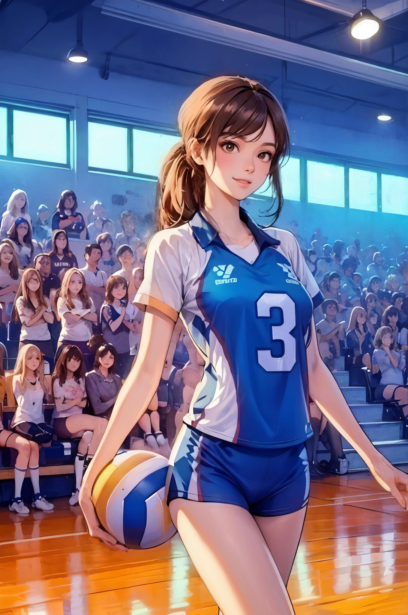 1lady solo, /(volleyball uniform/), /(brown hair/) bangs, light smile, (masterpiece best quality:1.2) delicate illustration ultra-detailed, large breasts BREAK /(volleyball court indoors/)