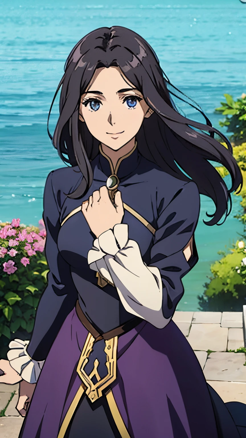 Violet Evergarden anime, One girl with black hair, hair lenght until bust, straight hair, hair parted in center of head, round face. hairstyle with a center part, that the hair should be parted down the middle, creating a symmetrical look without any frontal hair covering the forehead. Pretty dress. Smiling. Standing. Happy. Letters, smile, purple dress.