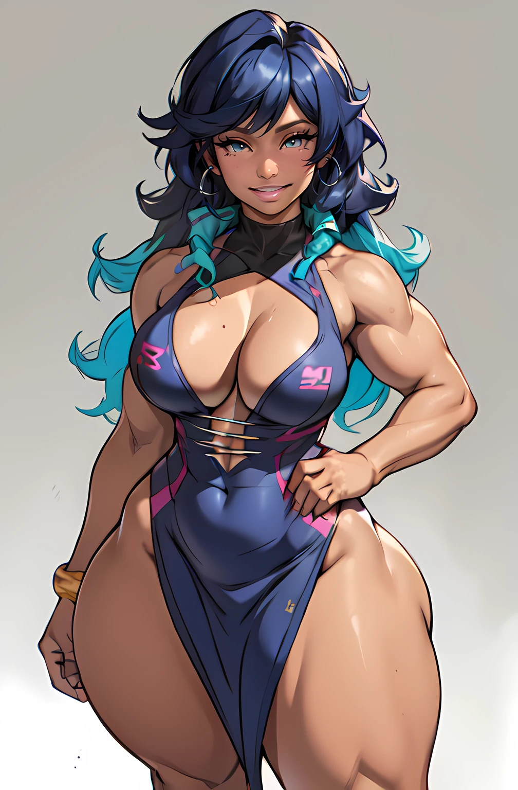 simple background micro bikini 1girl curly colored hair dark smiling (bodybuilder medium breasts muscular toned body curvy wide hips thick thighs) ((tight dress)) full body