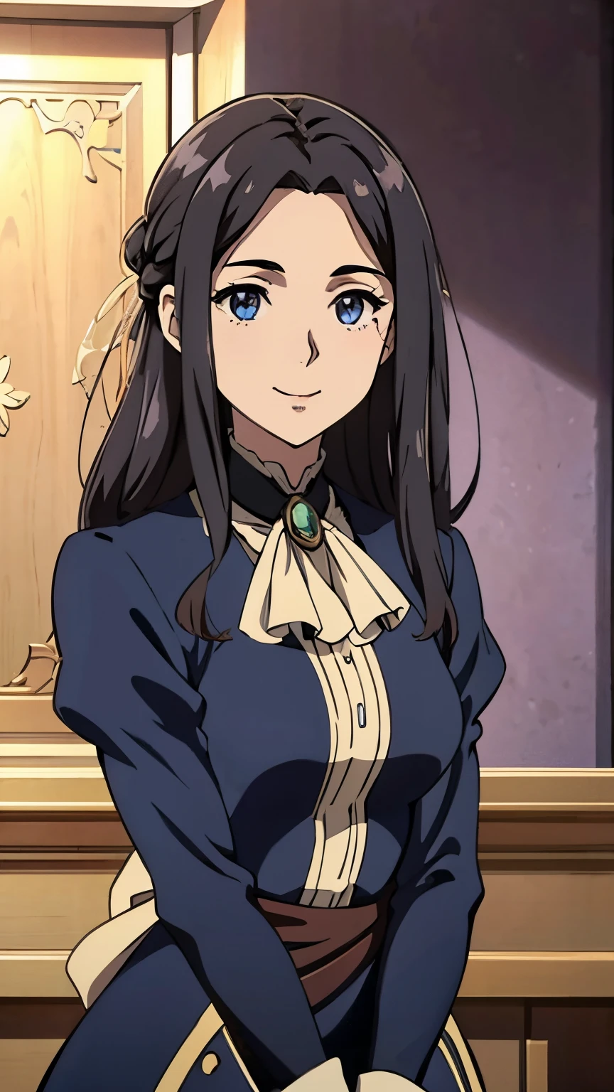 Violet Evergarden anime, One girl with black hair, hair lenght until bust, straight hair, hair parted in center of head, round face. hairstyle with a center part, that the hair should be parted down the middle, creating a symmetrical look without any frontal hair covering the forehead. Pretty dress. Smiling. Standing. Happy. Letters, smile, purple dress.