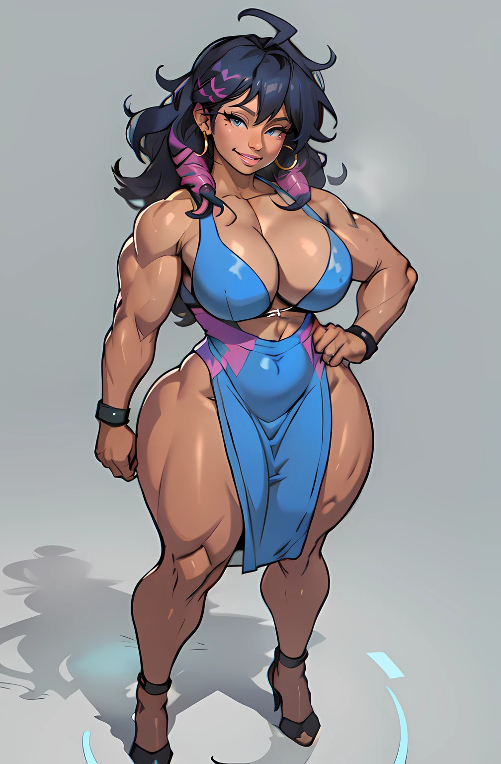simple background micro bikini 1girl curly colored hair dark smiling (bodybuilder medium breasts muscular toned body curvy wide hips thick thighs) ((tight dress)) full body