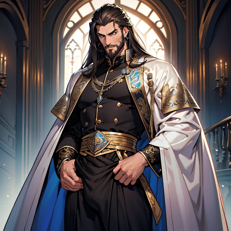A tall handsome male. Standing at 7 ft 5. He is athletic built with beautifully long silky brown hair and blue eyes. He is always seen with a stern look on his face. He is clothed with the finest royal attire in silver and black. His beard matches his hair. Muscular man, bulge in pants, arrogant expression, piercings, detailed eyes