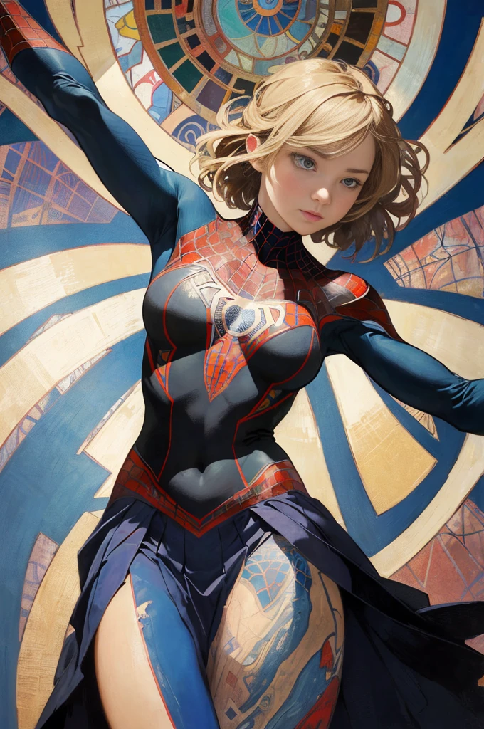 Emily VanCamp、Sticking out the navel、newyork、She wears a torn Spider-Man suit,wearing skirt、abstract photorealistic、artistic、Alphonse Mucha's painting(masterpiece、top-quality、hight resolution:1.4)、detaileds、intricate-detail、4K、color splashes、line-drawing、Fibonacci、