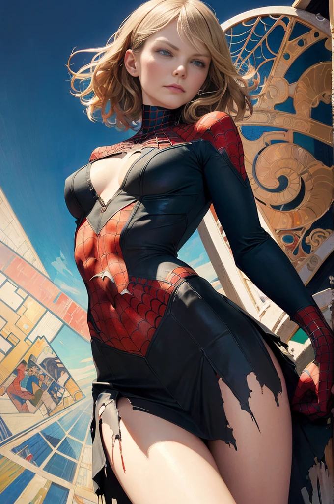 Kirsten Dunst、Sticking out the navel、newyork、She wears a torn Spider-Man suit,wearing skirt、abstract photorealistic、artistic、Alphonse Mucha's painting(masterpiece、top-quality、hight resolution:1.4)、detaileds、intricate-detail、4K、color splashes、line-drawing、Fibonacci、