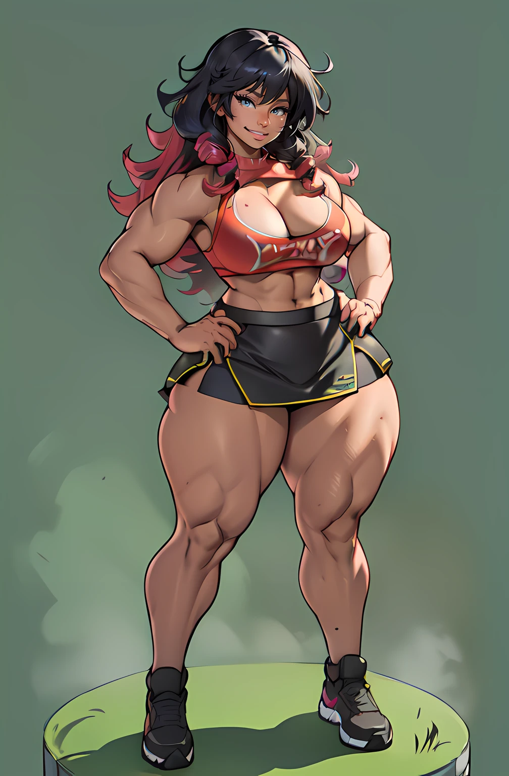 simple background micro bikini 1girl curly colored hair dark smiling (bodybuilder medium breasts muscular toned body curvy wide hips thick thighs) ((tight skirt)) full body