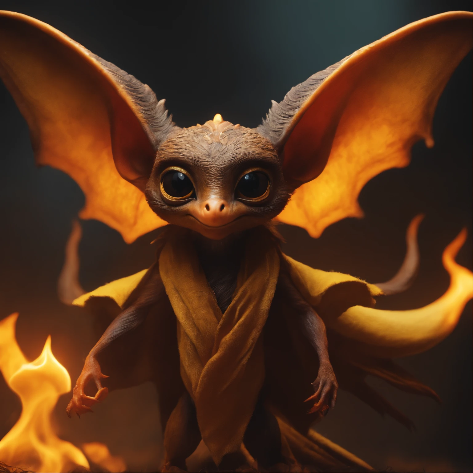 gremlin, swallow, Huge eyes, large ears, trunk-shaped nose, bright orange and brown, long tail, engulfed in yellow flames, flame clothes, Best Quality, Masterpiece, in style of dark fantasy art