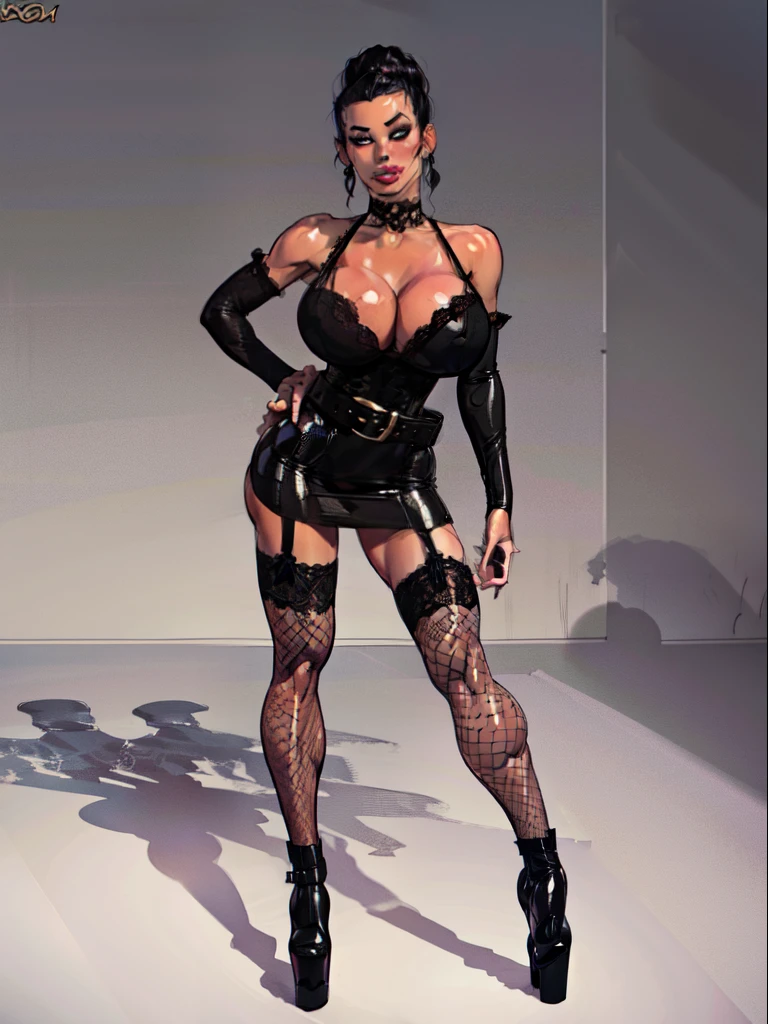 gothic 1girl, solo GothGal, (fishnet stockings, gothic print, imprinted skulls:1), dark hair, tight dress, woman in dark dentelle outfit is standing in a room,woman wearing a leather corset, dark outfit, laces, belt, large boots,lace, ribbon, lipstick, pale skin, Gothic girl, dark purple hair, braided ponytail, perfect anatomy 1girl tall solo, dominatrix, pale skin, slender and toned body, black ornamental dentelle bra, slendered abs, ((black garter belt on hips)), midriff exposed, ((squeezed cleavage:1)), hourglass waist, detailed face, angular face, defined cheekbones, puffy lips, dark gauntlets, heavy makeup, choker, collar, shadow over eyes, looking at viewer, masterpiece, black thigh highs, black lingerie, boots, high heels