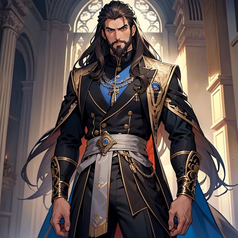 A tall handsome male. Standing at 7 ft 5. He is athletic built with beautifully long silky brown hair and blue eyes. He is always seen with a stern look on his face. He is clothed with the finest royal attire in silver and black. His beard matches his hair. Muscular man, bulge in pants, arrogant expression, piercings, highly detailed eyes