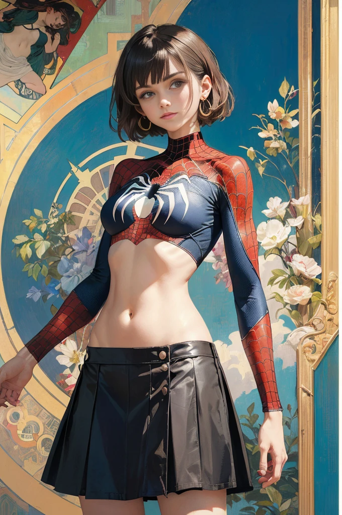 Jenna Louise Coleman、Sticking out the navel、newyork、She wears a torn Spider-Man suit,wearing skirt、abstract photorealistic、artistic、Alphonse Mucha's painting(masterpiece、top-quality、hight resolution:1.4)、detaileds、intricate-detail、4K、color splashes、line-drawing、Fibonacci、