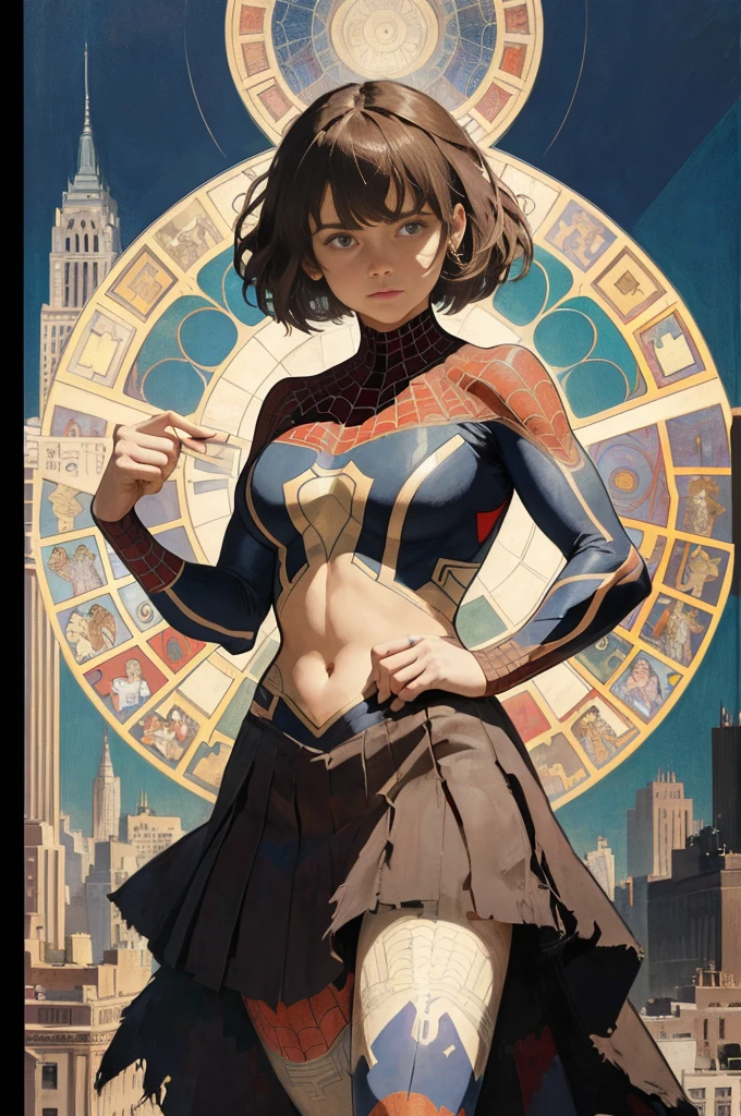 Jenna Louise Coleman、Sticking out the navel、newyork、She wears a torn Spider-Man suit,wearing skirt、abstract photorealistic、artistic、Alphonse Mucha's painting(masterpiece、top-quality、hight resolution:1.4)、detaileds、intricate-detail、4K、color splashes、line-drawing、Fibonacci、