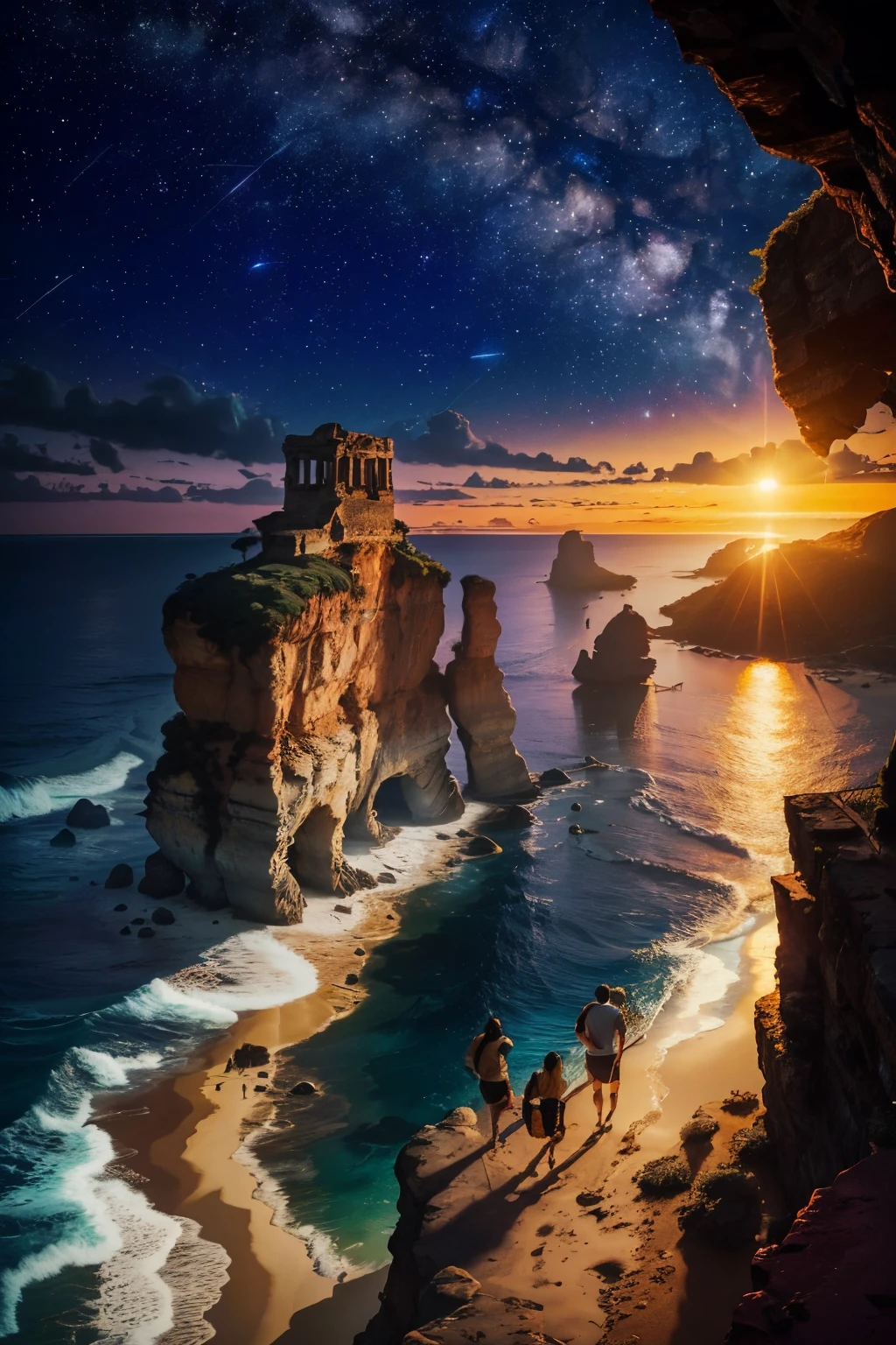 a scenic adventure with close friends,exploration of the unknown,(best quality,highres),(vivid colors:1.1),natural lighting,stunning landscape,ocean waves crashing against rocks,beautiful sunset over the horizon,tall trees swaying in the wind,gentle breeze blowing through the grass, sand between our toes,friendly laughter echoing through the air,picture-perfect moments of joy and camaraderie,exploring hidden caves and secret passages,ancient ruins filled with mystery and wonder,whispering secrets to the wind,deep conversations under the starlit sky,enjoying delicious food by the campfire,telling stories of past adventures,gazing at the twinkling stars,connecting with nature,creating lifelong memories with cherished friends,embrace of friendship and a sense of belonging,cherishing the beauty of the world around us