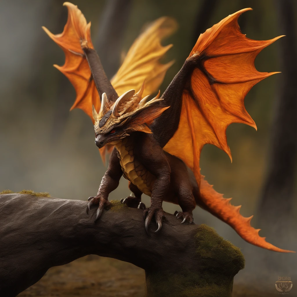 gremlin, swallow, two horns on the head, likeness of a dragon, leathery wings, Huge eyes, large ears, trunk-shaped nose, bright orange and brown, long tail, engulfed in yellow flames, flame clothing, Best Quality, Masterpiece, in style of dark fantasy art