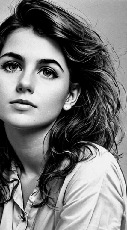 Realistic 80s photo on monochrome film; young plump Russian woman 38 years old, beautiful proportional round face, round cheeks, Round chin, Big shiny brown eyes, small snub-nose, eyeglasses, parted sensual lips, Serious, Tired look, calm pleasant smile, medium length brown thick tousled hair (80s punk hairstyle); short plump body(beautiful fullness), very small breasts with large nipples (Nipple erection), without underwear, White translucent silk shirt with a loose fit and top button undone......, A tired look at the camera, (upper-body), natural light; Monochrome image